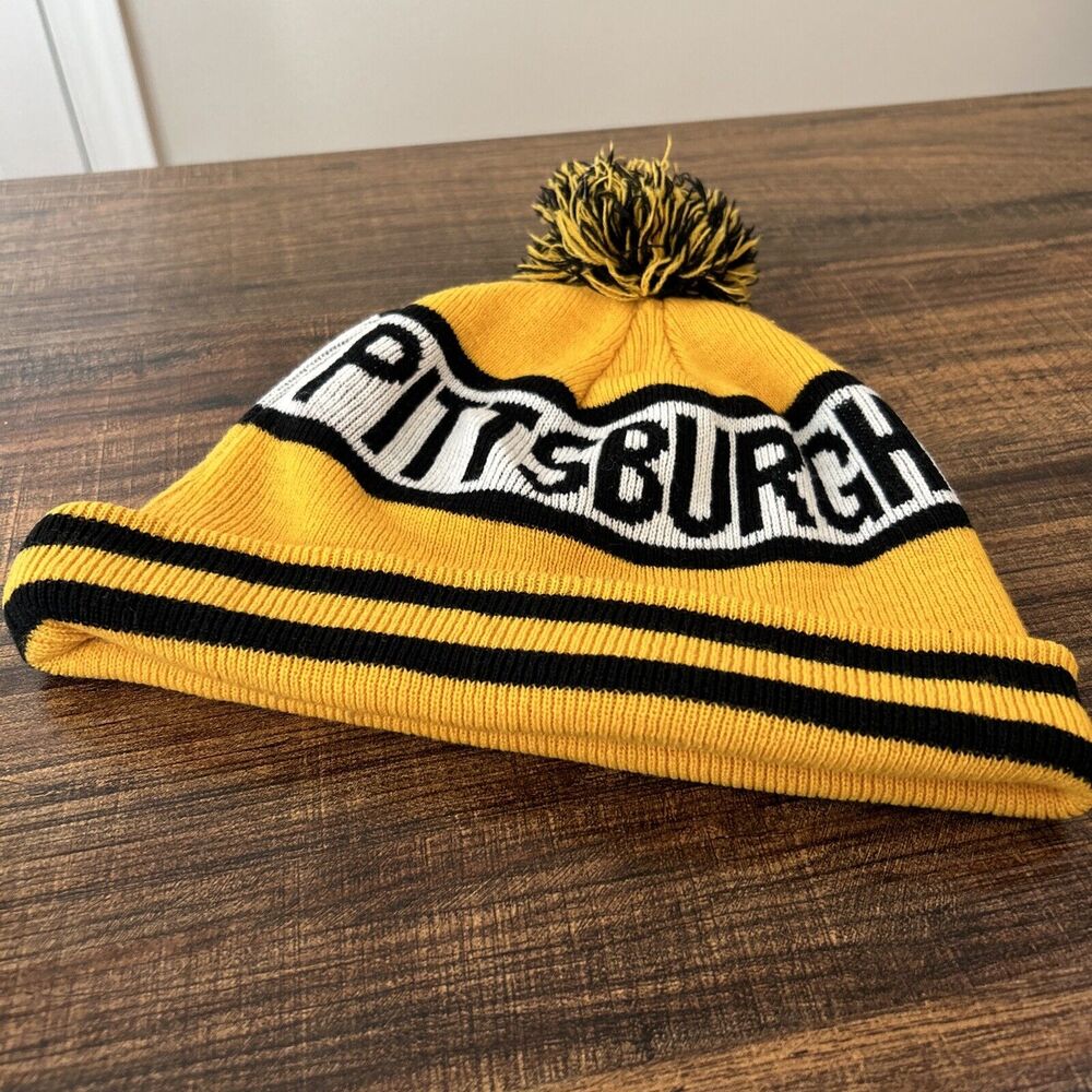 Pittsburg Knit Beanie Black and Yellow Stocking Cap Pom Winter Hat
